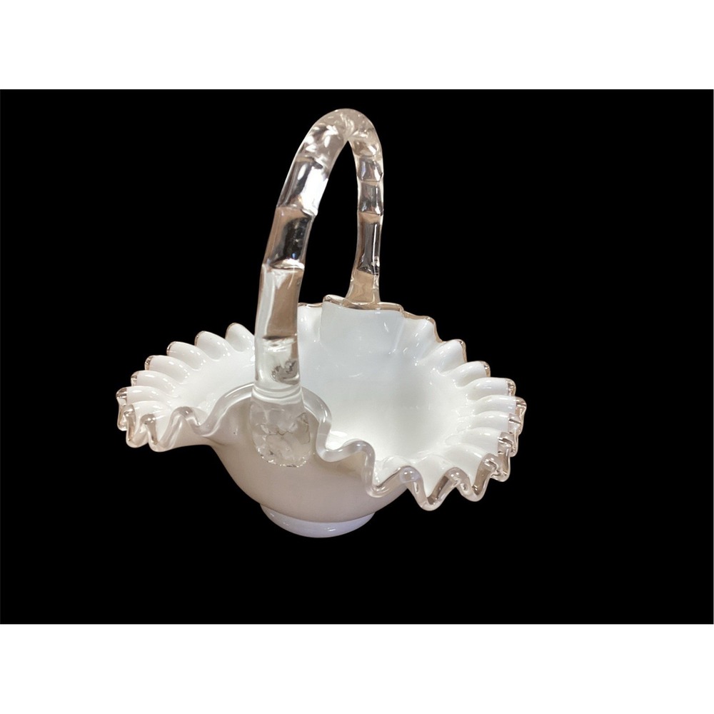 Vtg Fenton Silver Crest Milk Glass Ruffled Basket 7" Clear Bamboo Handle Easter